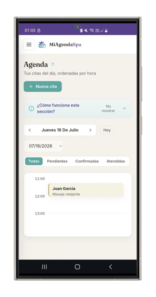App de MiAgendaSPA mostrando la agenda de citas del día en un teléfono Android